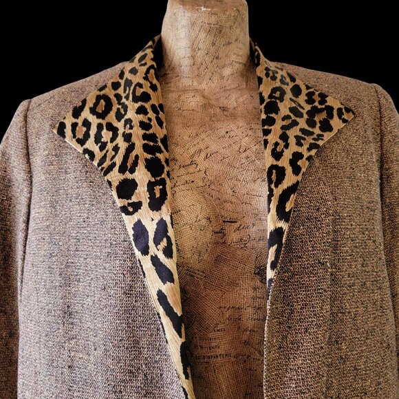 Vintage Silk Womens Tweed Blazer With Leopard Print Lapel & Cuffs - Picture 2 of 13